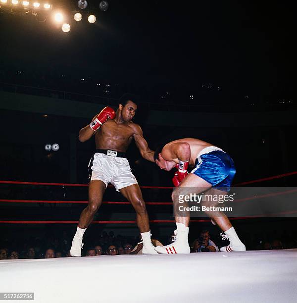 Cassius Clay , the once and possibly future heavyweight champion of the world, moves in on a wary Jerry Quarry during the final moments of the third...