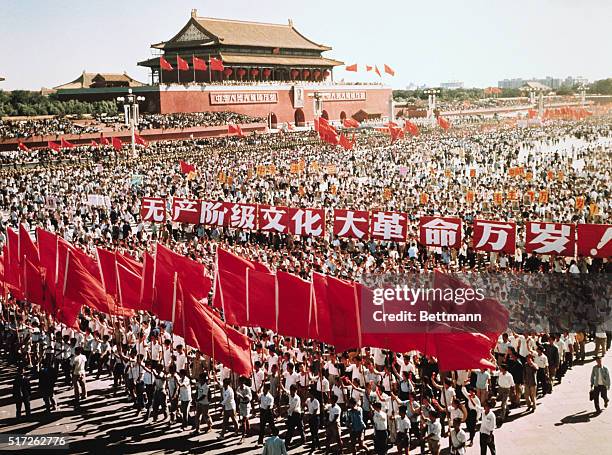 Mass demonstration on China's National Day, October 1, outside the Gate of Heavenly Peace, Tiananmen, during the Cultural Revolution of the late...