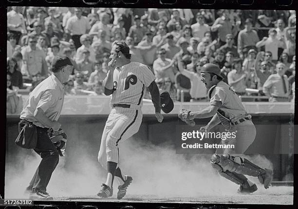 Reds' John Bench has tagged out Phils' Dick Selma and stopped the Phillies from tying the game in the eighth inning in Phila., 5/23. Selma who was...