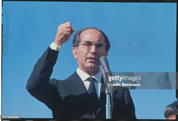 Washington, D.C.: Italian prime minister Emilio Colombo makes speech on south lawn of White House during welcoming ceremonies here.