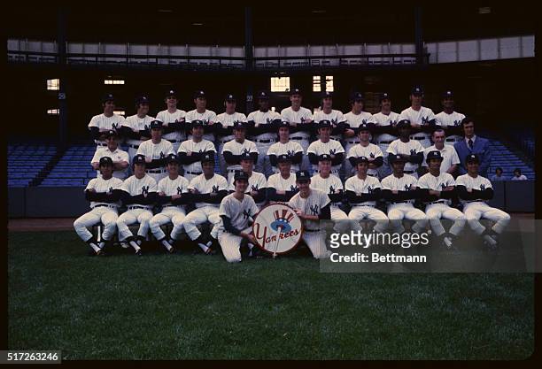 New York, NY: A Group photo of the New York Yankees Baseball team, posing in Yankee Stadium. Front Row : Celerino Sanchez, Bobby Mercer, Fred Beene,...