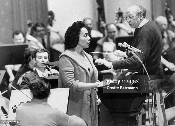 Mrs. Coretta Scott King, widow of the late Dr. Martin Luther King Jr., rehearses in Constitutional Hall February 11th, for her narration of Aaron...