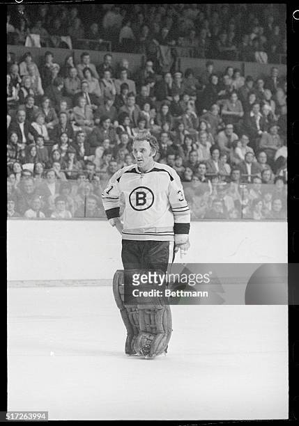 Boston: Wearing his Boston Bruins uniform, goalie Jacques Plante skates onto Boston Garden ice after being acquired from Toronto Maple Leafs for a...