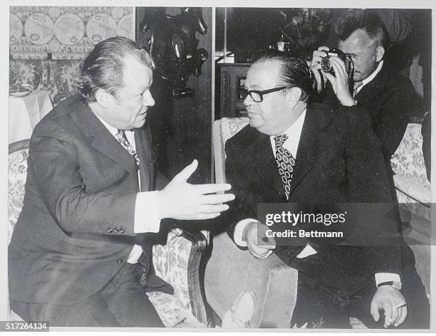 Belgrade: Stane Dolanc chats with chancellor Willy Brandt of German Federal Republic in April 1973 in Belgrade, during chancellor Brandt's state...