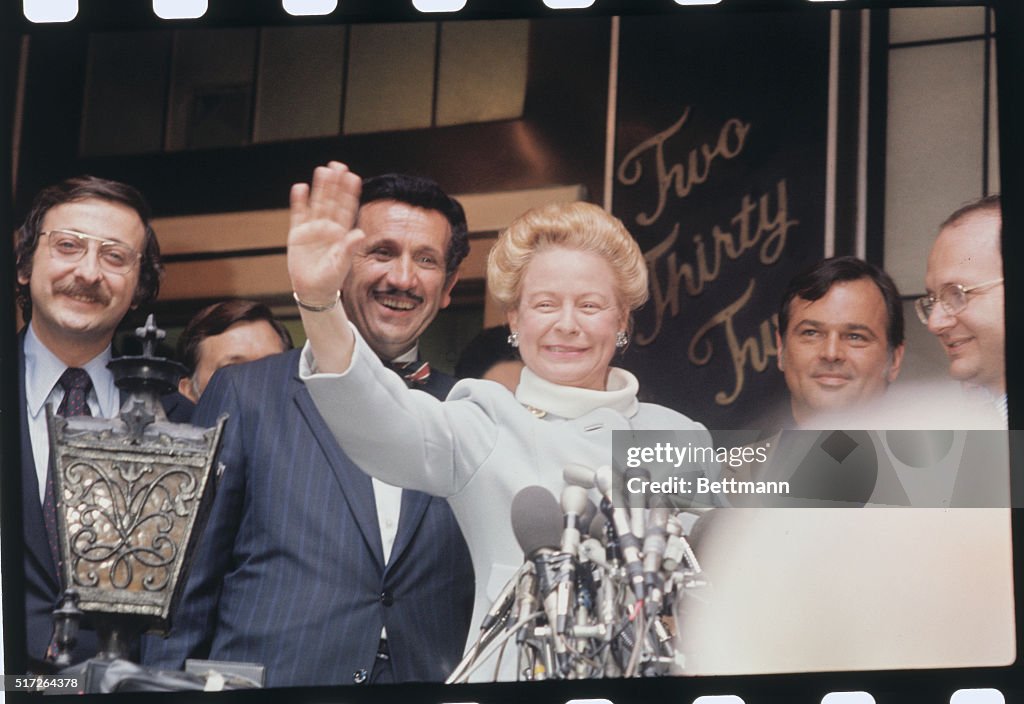 Martha Mitchell Waving to Reporters