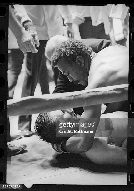 Inglewood, Calif: Jose "Mantequilla" Napoles holds up the head of an unconscious Ernie "Indian Red" Lopez after Napoles knocked Lopez out in the 7th...