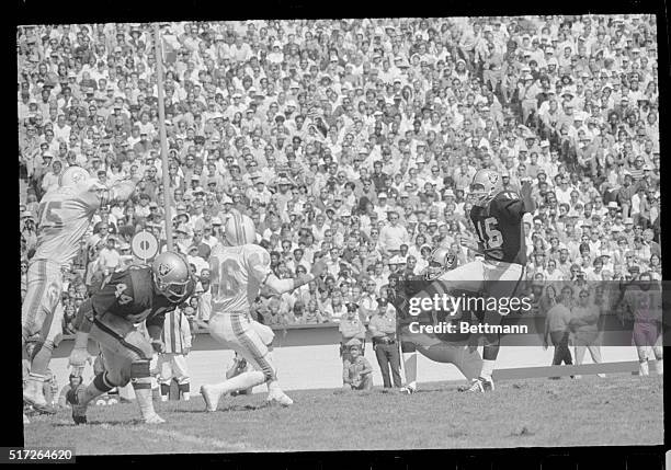 Berkeley: Gray haired George Blanda boots a 46-yard field goal out of the hold of Ken Sabler in 2nd quarter. Oakland used a methodical attack and...