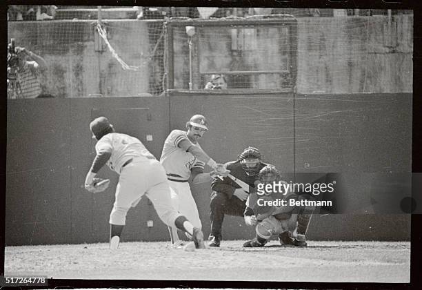 Oakland A's Reggie Jackson hits his second double of the game in the 3rd inning of the sixth game of the World Series at the Oakland Coliseum in this...