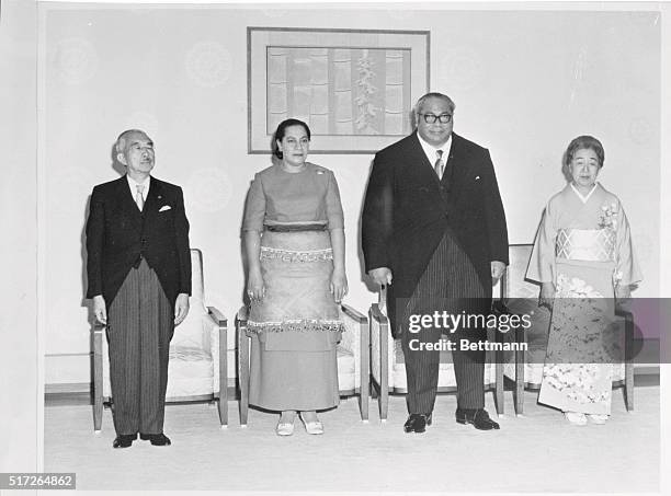 Tonga: The King of Tonga, Taufa'ahau Tupou IV and Queen Halaevalu Mata'aho , stand with Japanese Emperor Hirohito and Empress Nagako before the...