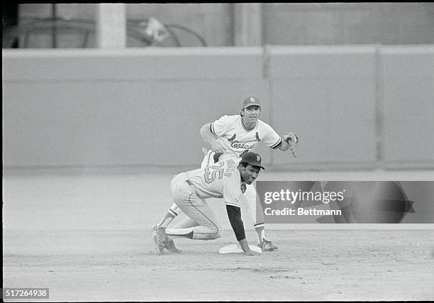 St. Louis: San Francisco Giants' Bobby Bonds assumes an awkward position but shares equal interest with St. Louis Cardinals' Ted Sizemore as they...