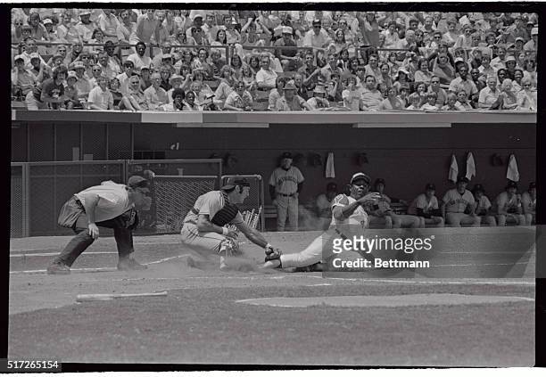 Brave's Hank Aaron slides into home plate, being tagged by Giant catcher John Boccabella, as he attempted to score from second base on a single by...