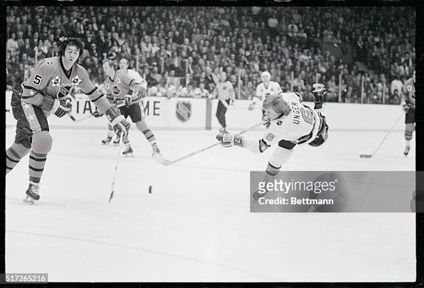 St. Louis Blues' Garry Unger shows his most valuable player form as he unwinds a slap shot in a shot on goal in the second period of the National...