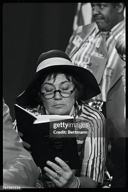 Congresswoman Bella Abzug looks over election law during balloting for lieutenant governor's designation at State Democratic Convention here.