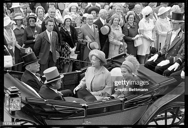 Ascot, England- Princess Anne , wearing a hat trimmed with ostritch feathers, is shown as she arrived 6/19 with her grandmother, the Queen Mother, on...