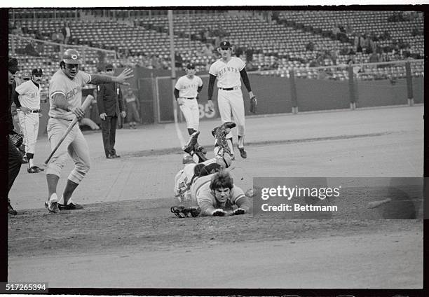 This isn't catcher Pete Rose sliding head-first into home plate during third inning of Giants-Reds game at Candlestick Park 8/2. The catcher's...