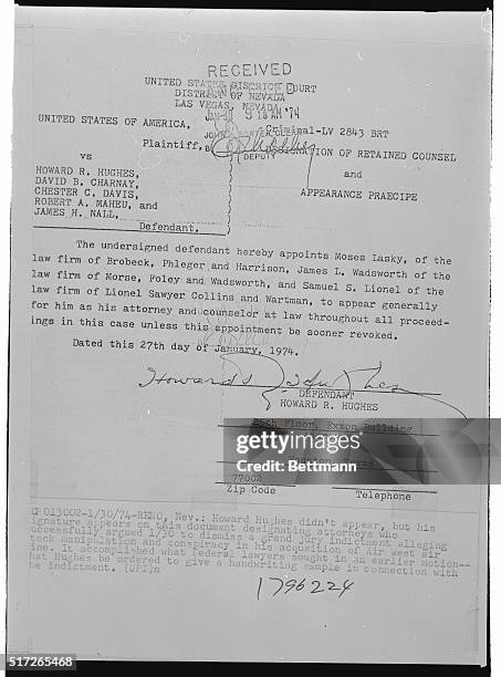 Howard Hughes didn't appear, but his signature appears on this document designating attorneys who successfully argued 1/30 to dismiss a grand jury...