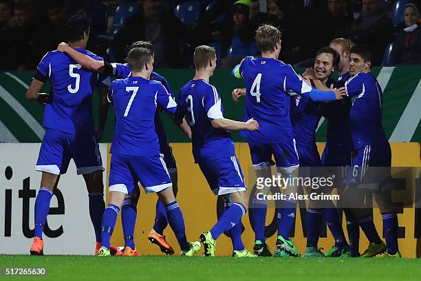 Gestur Dam of Faroe Islands celebrates his team's first goal with team mates during the 2017 UEFA European U21 Championships qualifier match between...