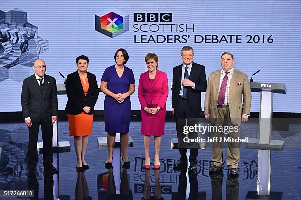 Patrick Harvie of the Scottish Greens, Ruth Davidson of the Scottish Conservatives, Scottish Labour's Kezia Dugdale, SNP leader Nicola Sturgeon, Lib...