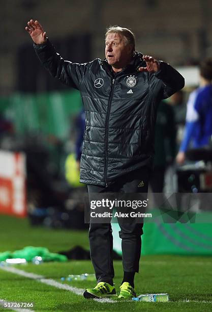 Head coach Horst Hrubesch of Germany reacts during the 2017 UEFA European U21 Championships qualifier match between Germany U21 and Faroe Islands U21...