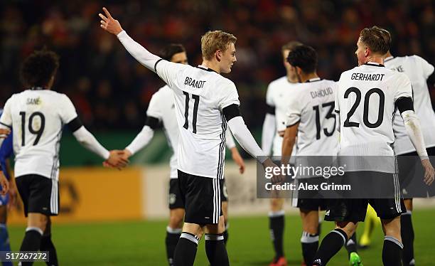 Julian Brandt of Germany celebrates his team's fourth goal with team mates during the 2017 UEFA European U21 Championships qualifier match between...