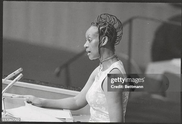 Former New York model Princess Elizabeth Bagaya, Foreign Minister of Uganda, addressing the 29th session of the General Assembly, September 26th 1974.