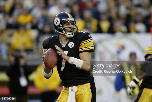 Quarterback Ben Roethlisberger of the Pittsburgh Steelers looks to pass during a game against the New England Patriots at Heinz Field on October 31,...