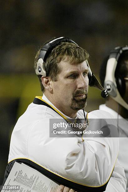 Linebackers coach Keith Butler of the Pittsburgh Steelers during a game against the New England Patriots at Heinz Field on October 31, 2004 in...