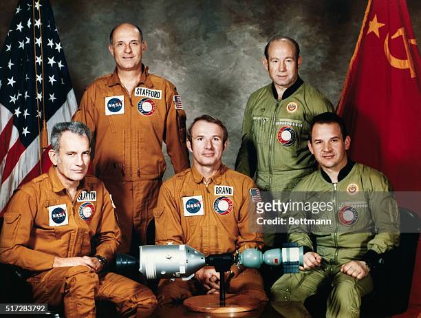These five men compose the two prime crews of the joint U.S.-U.S.S.R. Apollo-Soyuz Test Project docking in Earth orbit mission scheduled for July...