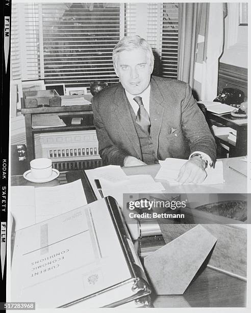 Ottawa, Ontario, Canada: Finance minister John Turner is shown at his desk, November 15, in his Parliament Hill office. He will bring down the...