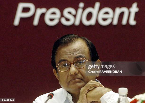 Indian Finance Minister P.Chidambaram looks on during the second day of the "Bancon 2004" bankers' conference in New Delhi, 11November 2004. During...