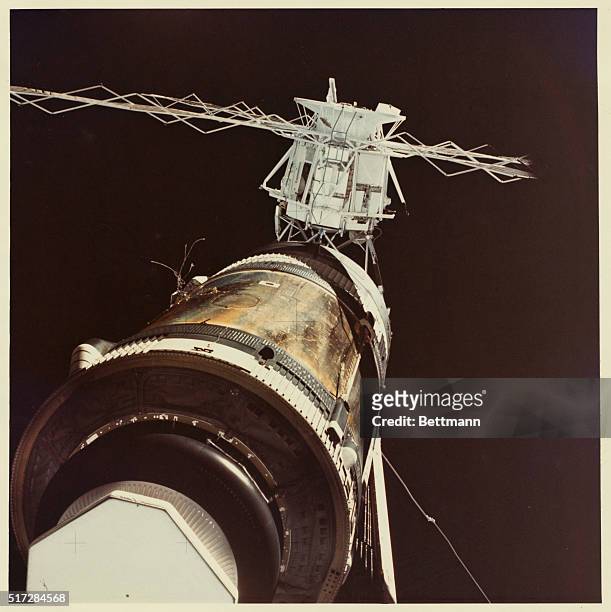 Johnson Space Center, Texas: Skylab II Onboard Film Release. View of the OWS showing micrometeoroid shield missing where parasol solar shield was...