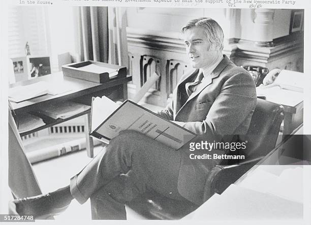 Ottawa, Ontario, Canada: Finance Minister John Turner in his office on Parliament Hill February 16, works on his budget which he is to present to the...