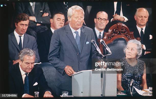 London, England. British Prime Minister Edward Heath answers questions on his pro-Common Market policy at a special Conservative Party conference....