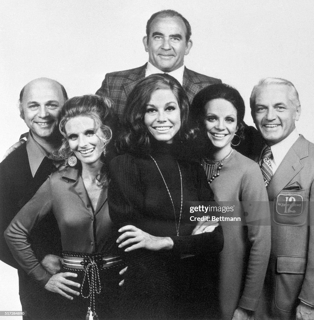 The cast of The Mary Tyler Moore Show, from left to right Gavin