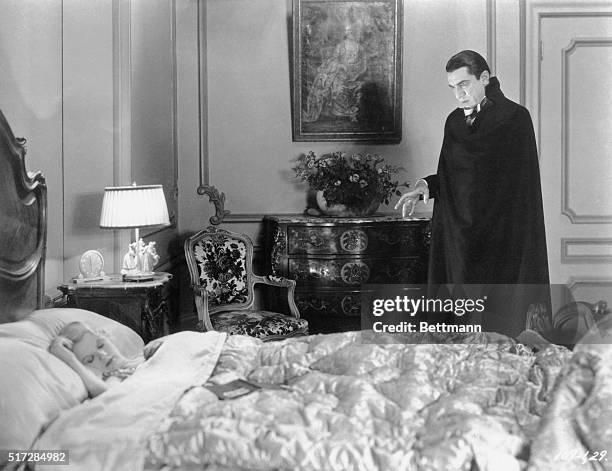 Bela Lugosi is shown in this still publicizing the 1931 Universal Studios film, Dracula. In the film, the eerie effect of his almond shaped crystal...