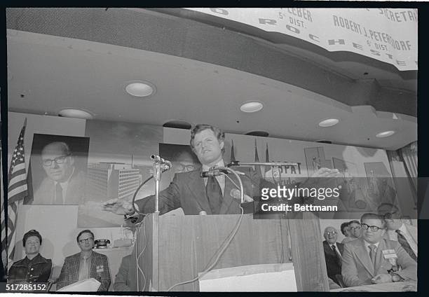 Senator Edward M. Kennedy of Mass., here for a democratic fund raising dinner at the palladium later in the day, addressing the painters Union...