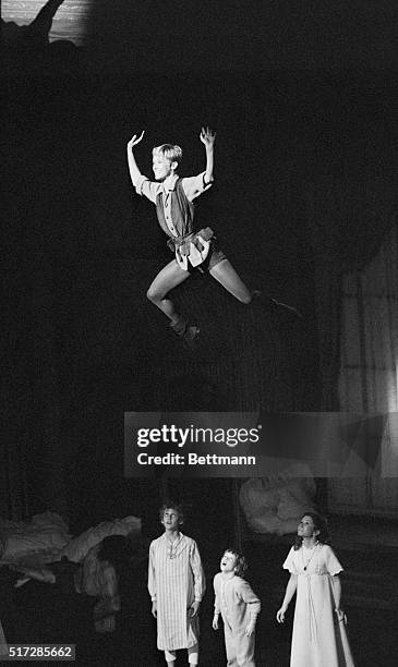 Sandy Duncan as Peter Pan describes the joys and wonders of Neverland to Wendy, played by Marsha Kramer, in the new Broadway musical production of...