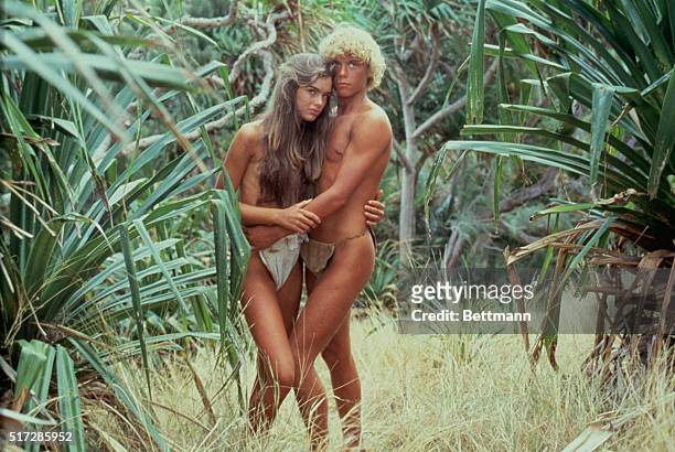 Actors Christopher Atkins and Brooke Shields in the 1980 film, Blue Lagoon, directed by Randal Kleiser.