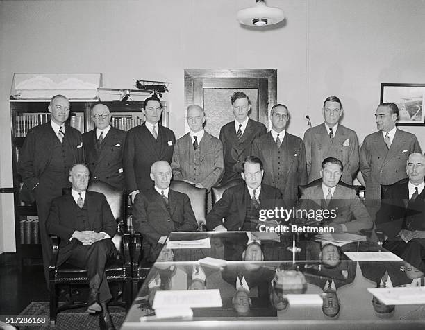 Shown are leading figures in American Aeronautics, as they appeared at a meeting of the National Advisory Committee for aeronautics, which they...