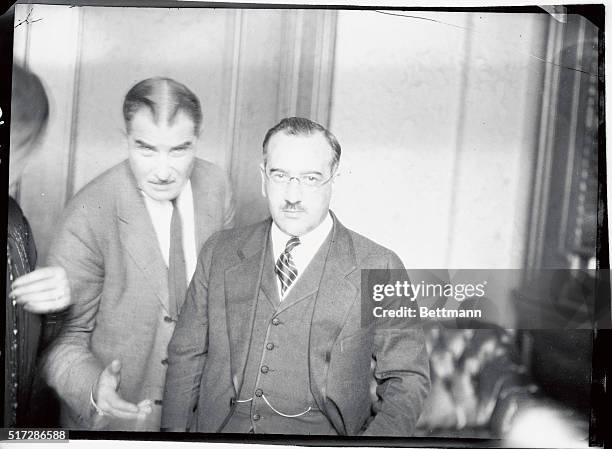 Photo shows Senator Powers and Lieutenant Governor Toupin, speaker in the Rhode Island State House, conferring on the possibilities of the filibuster...