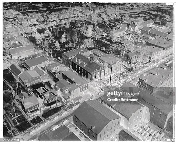 An aerial view of Flemington, New Jersey, and the crowd which has gathered outside the town's courthouse during the trial of Bruno Richard Hauptmann,...