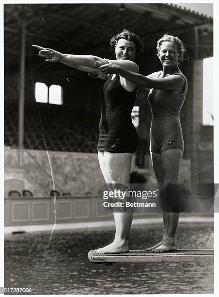 "It's Your Turn Now, Helen" - Georgia Coleman Gilson, the former Woman's Olympic Diving champion returns the compliment to Miss Helen Hicks, 1931...