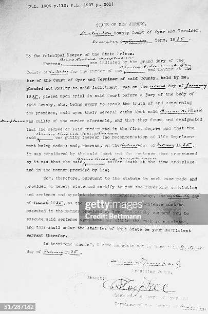 The death warrant of Bruno Richard Hauptmann, after being found guilt of the kidnapping and death of the Lindbergh baby, a tragedy begun three years...