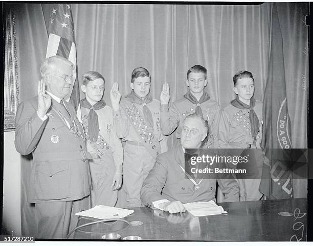 This photo was taken the evening of February 7th, at the White House, when President Roosevelt extended greetings to the Boy Scouts of America, on...