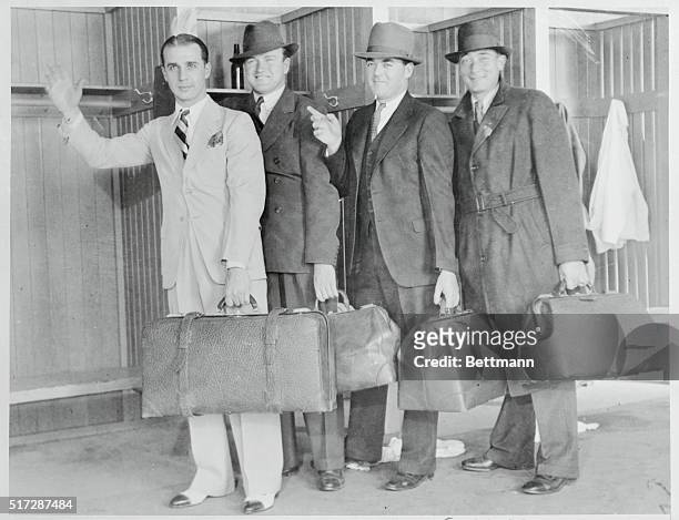 All packed, smiling over their victory in the San Francisco exhibition game, these baseball stars are now en route to their respective Spring...