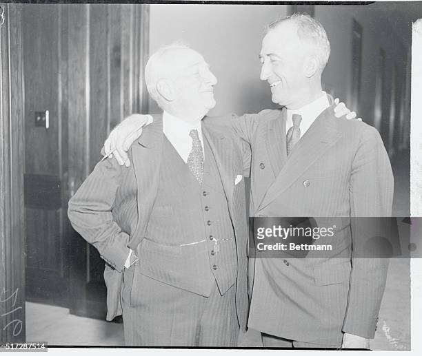 Senator Carter Glass, , left, who seems to oppose most of the President's approved bills in Congress, shown in an affectionate pose with Senator...