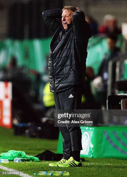 Head coach Horst Hrubesch of Germany reacts during the 2017 UEFA European U21 Championships qualifier match between Germany U21 and Faroe Islands U21...