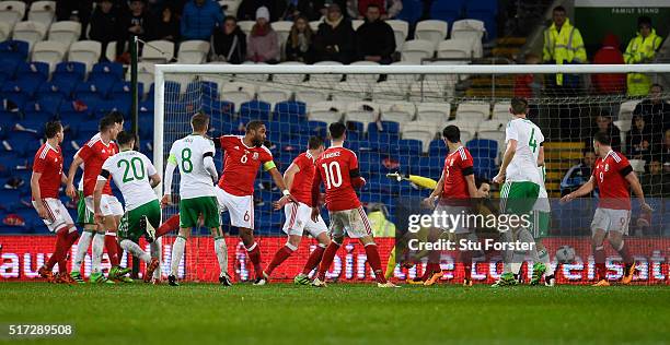 Craig Cathcart of Northern Ireland scores the opening goal during the international friendly match between Wales and Northern Ireland at the Cardiff...