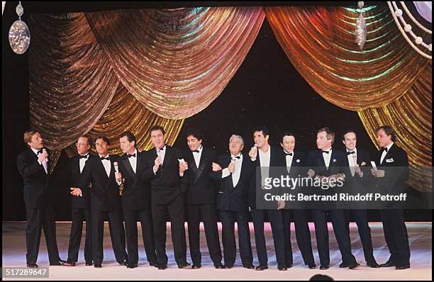 The TV show presenter sing during the 7 D'Or ceremony, with Julien Clerc, Roger Zabel, Thierry Roland , Gerard Holtz, William Leymergie, Philippe...