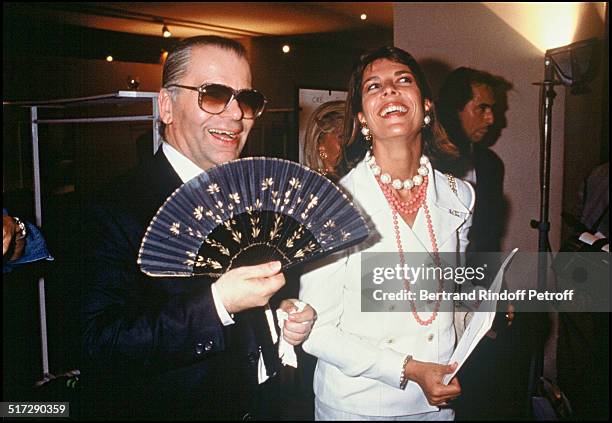 Karl Lagerfeld and Princess Caroline of Monaco during the Chanel fall winter 1989-1990 fashion show.